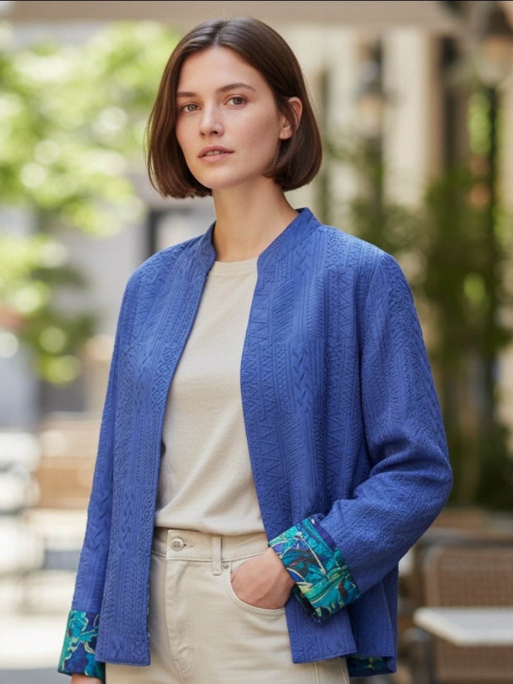 Chico’s Textured Blue Women's Jacket with Patterned Floral Lining 100% Silk